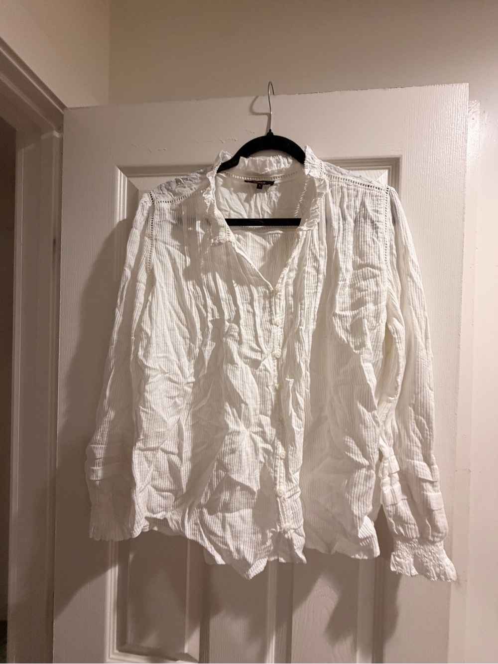 Quince White Lightweight Ruffled Button-Front Blouse